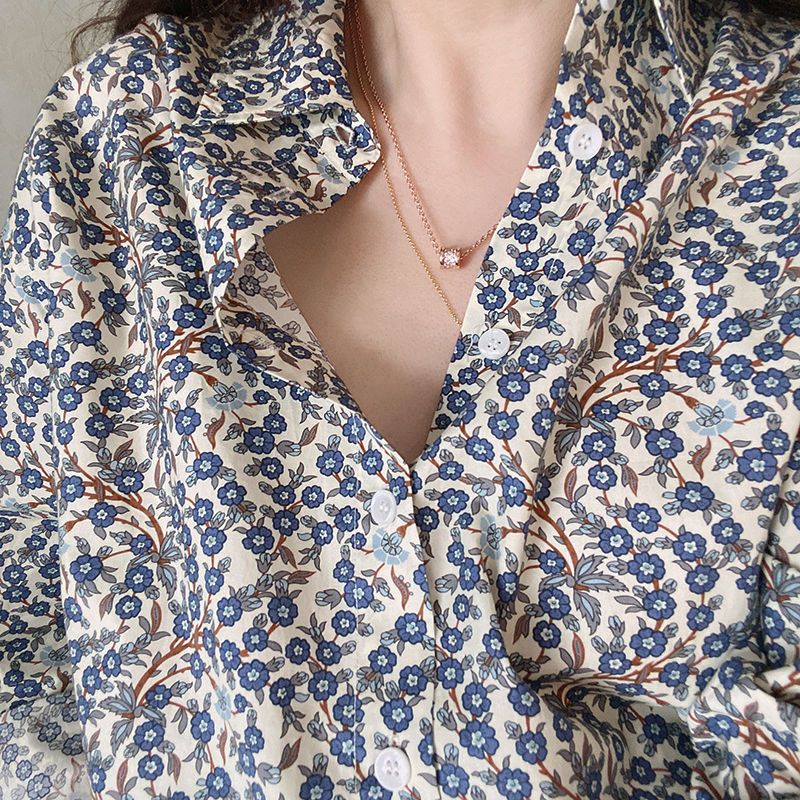 Френско малцинствено изкуство Ретро риза Лятна нова лозова щампа Флорални свободни големи с дълги ръкави ПОЛО яка Едноредна модна ежедневна