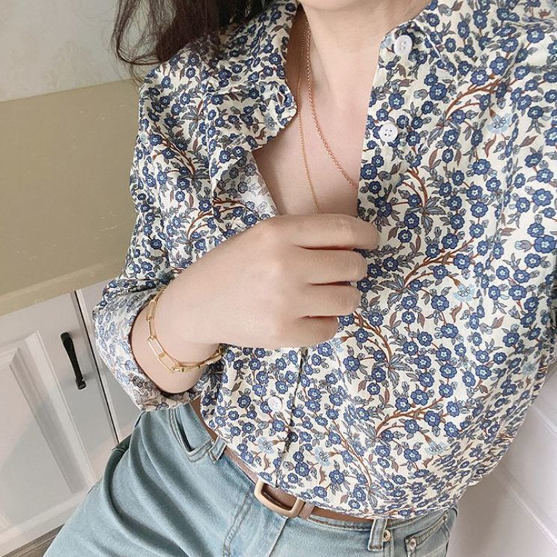 Френско малцинствено изкуство Ретро риза Лятна нова лозова щампа Флорални свободни големи с дълги ръкави ПОЛО яка Едноредна модна ежедневна