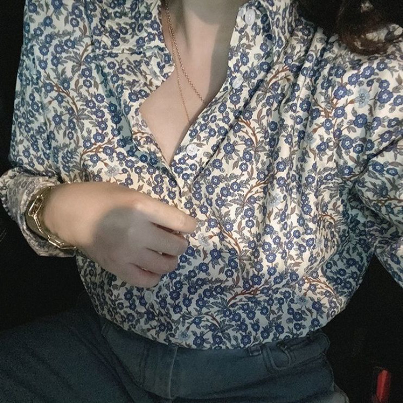 Френско малцинствено изкуство Ретро риза Лятна нова лозова щампа Флорални свободни големи с дълги ръкави ПОЛО яка Едноредна модна ежедневна