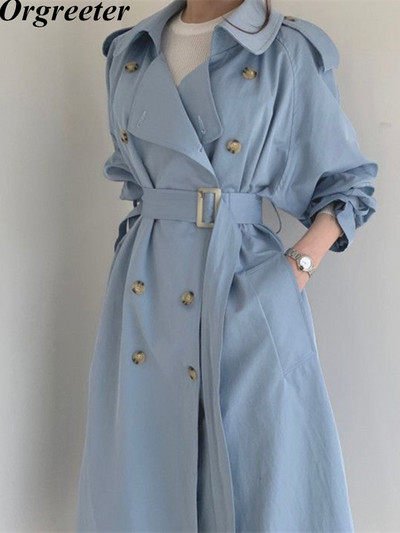 Темпераментно палто в английски стил Дамско корейско модно свободно ветровка с цепка на гърба Дамски тренч със средна дължина с двойно закопчаване