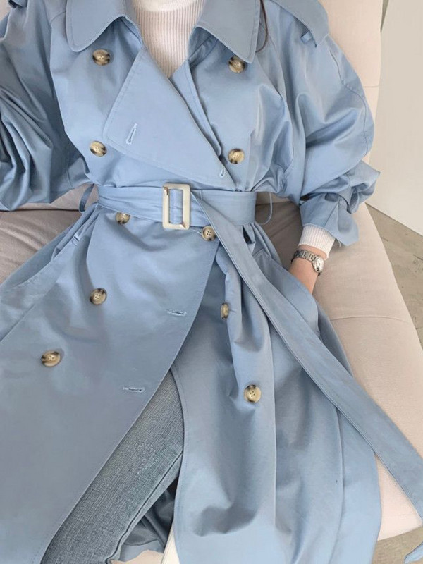 Темпераментно палто в английски стил Дамско корейско модно свободно ветровка с цепка на гърба Дамски тренч със средна дължина с двойно закопчаване