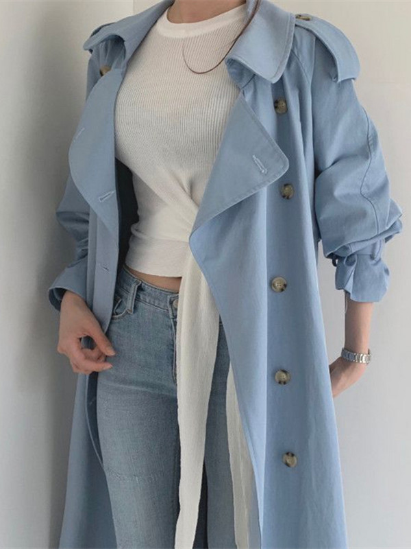 Темпераментно палто в английски стил Дамско корейско модно свободно ветровка с цепка на гърба Дамски тренч със средна дължина с двойно закопчаване