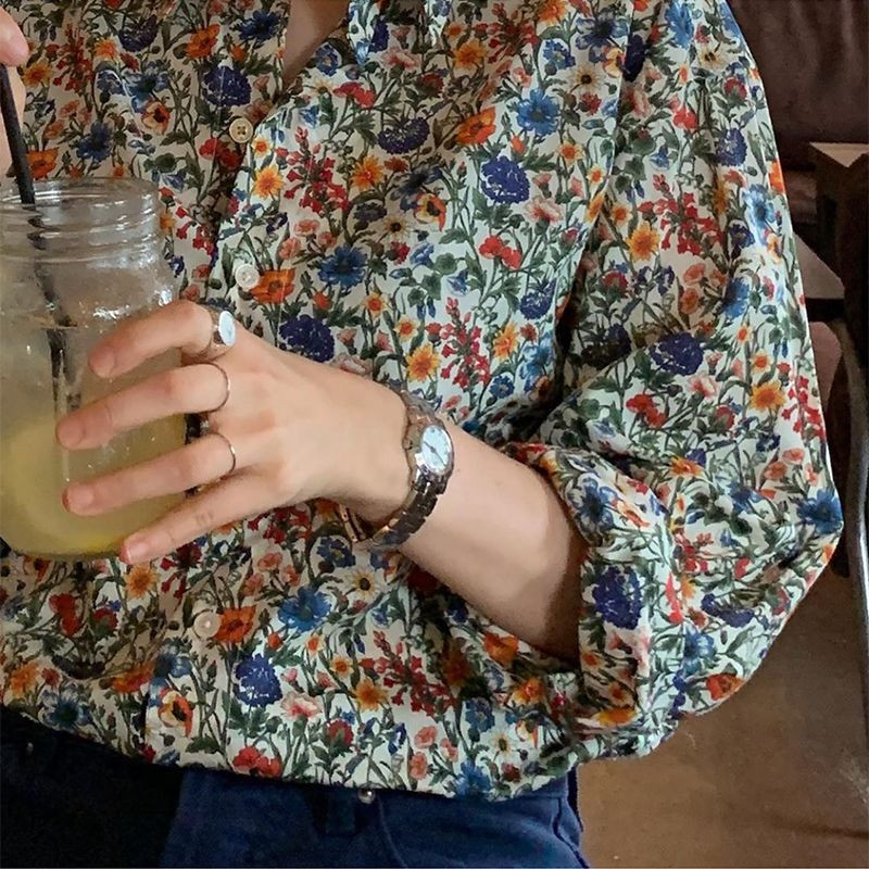 Пролетна ретро флорална яка с обърната яка Блуза с дълъг ръкав Дамско облекло Универсални копчета Свободни ризи Дамски корейски принт