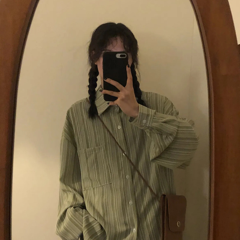 Vintage ριγέ πουκάμισα γυναικεία Harajuku μακρυμάνικα κορεάτικα μπλουζάκια Γυναικεία casual all-match χαλαρή μπλούζα με ανοιχτό πράσινο κουμπί