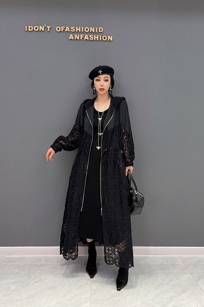 SuperAen 2022 Есен Нова корейска мода Сплайс куха качулка Oversize Дамско дълго палто