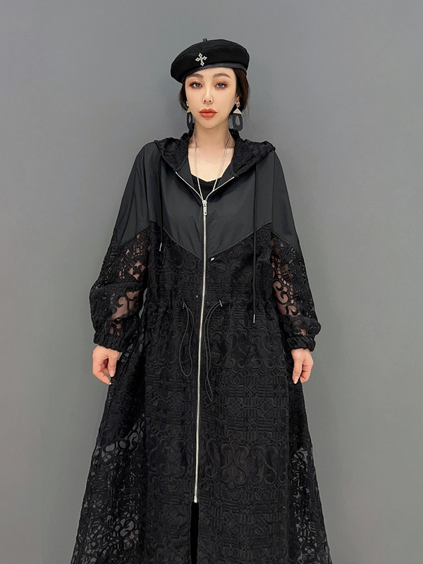 SuperAen 2022 Есен Нова корейска мода Сплайс куха качулка Oversize Дамско дълго палто