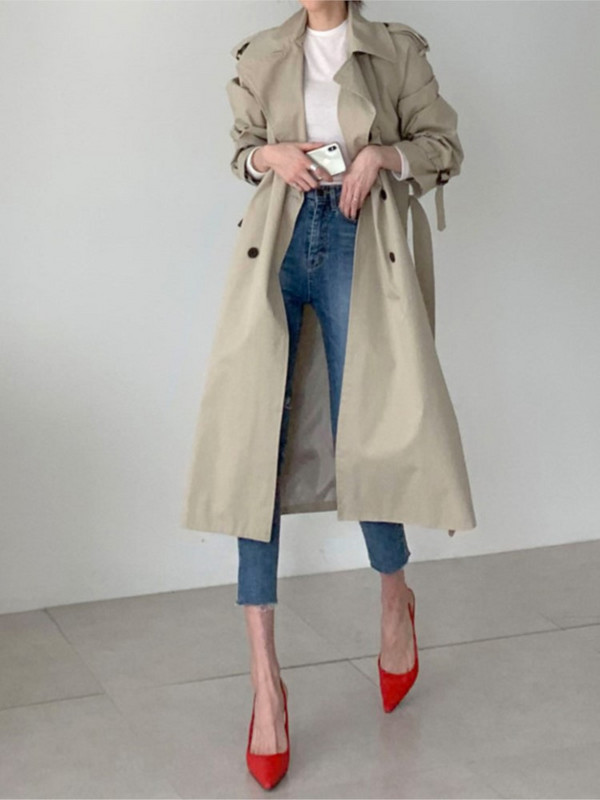 2023 г. Дамско палто, бели двуредни дълги тренчи, пролетни пояси, корейски висококачествени женски бели ветровки Тренч