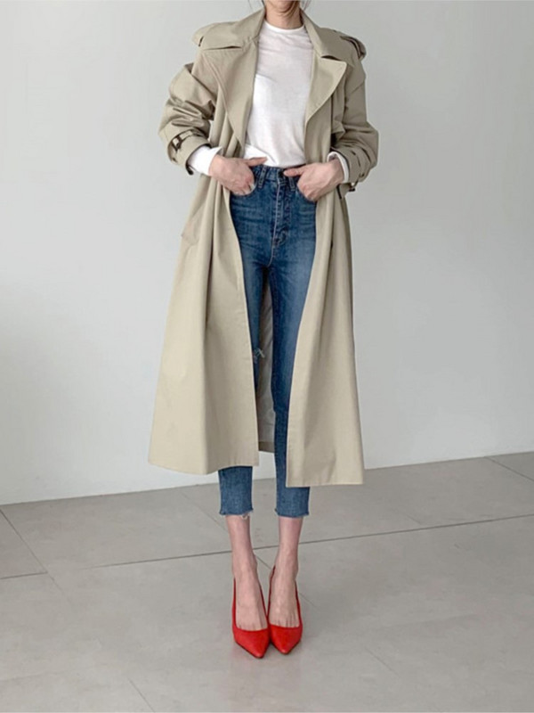 2023 г. Дамско палто, бели двуредни дълги тренчи, пролетни пояси, корейски висококачествени женски бели ветровки Тренч