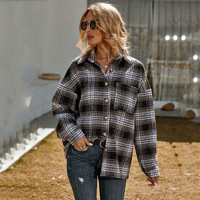 Зимни дамски нови ежедневни карирани якета с дълъг ръкав, дебела кадифена топла риза, палта, модни дамски дрехи, дамски топове с обърната яка