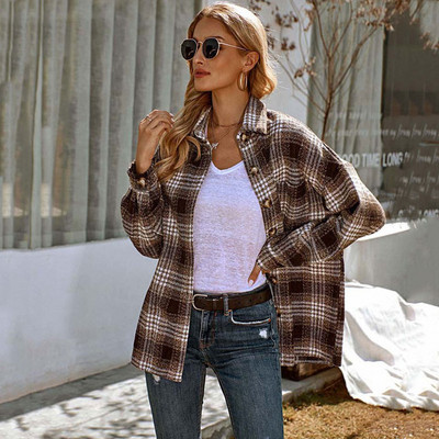 Зимни дамски нови ежедневни карирани якета с дълъг ръкав, дебела кадифена топла риза, палта, модни дамски дрехи, дамски топове с обърната яка