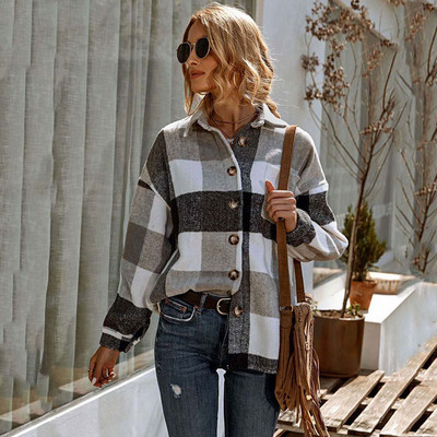 Зимни дамски нови ежедневни карирани якета с дълъг ръкав, дебела кадифена топла риза, палта, модни дамски дрехи, дамски топове с обърната яка