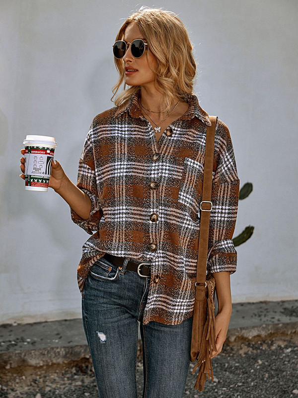 Зимни дамски нови ежедневни карирани якета с дълъг ръкав, дебела кадифена топла риза, палта, модни дамски дрехи, дамски топове с обърната яка