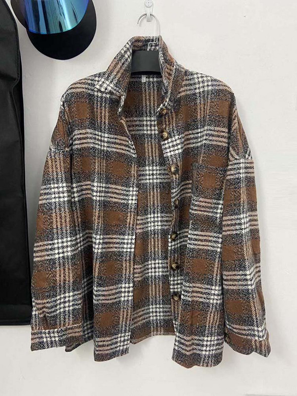 Зимни дамски нови ежедневни карирани якета с дълъг ръкав, дебела кадифена топла риза, палта, модни дамски дрехи, дамски топове с обърната яка