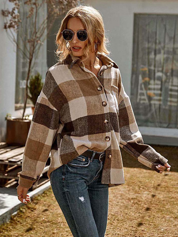 Зимни дамски нови ежедневни карирани якета с дълъг ръкав, дебела кадифена топла риза, палта, модни дамски дрехи, дамски топове с обърната яка