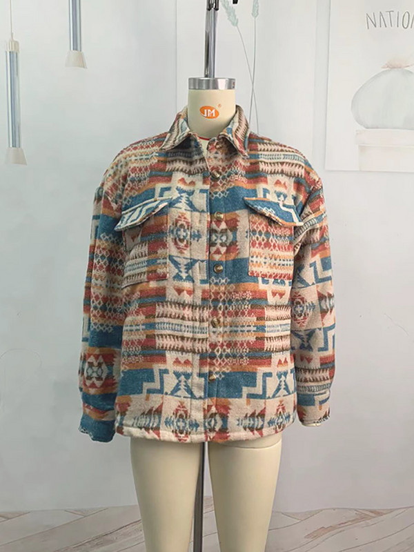 Винтидж дамско яке с ацтекски принт с дълги ръкави, свободно вълнено палто, зимно дамско яке с джобове и копчета, риза, горнища