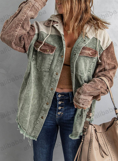 Есенно зимно дамско яке Винтидж палто с шевове Свободни топли горнища с дълги ръкави Дамска риза с качулка с двойни джобове Ежедневни горни дрехи