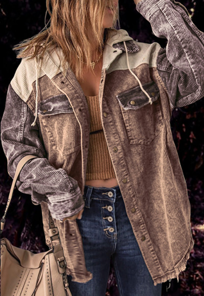 Есенно зимно дамско яке Винтидж палто с шевове Свободни топли горнища с дълги ръкави Дамска риза с качулка с двойни джобове Ежедневни горни дрехи