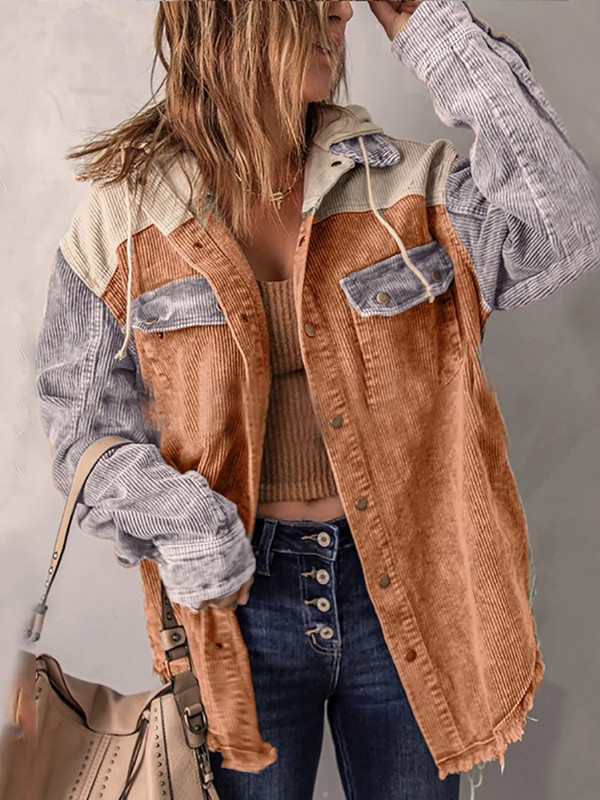 Есенно зимно дамско яке Винтидж палто с шевове Свободни топли горнища с дълги ръкави Дамска риза с качулка с двойни джобове Ежедневни горни дрехи