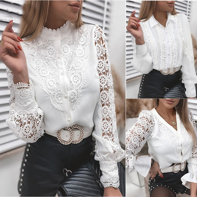 2023 г. Нова дамска пролетно-есенна модна бяла дантелена риза с дълги ръкави и V-образно деколте Елегантна дамска бяла офис риза