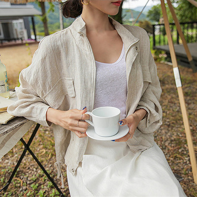 Jachetă elegantă pentru femei de primăvară 2022, haină casual, bumbac și in, îmbrăcăminte exterioară, cu mânecă lungă, cu fermoar, bluză