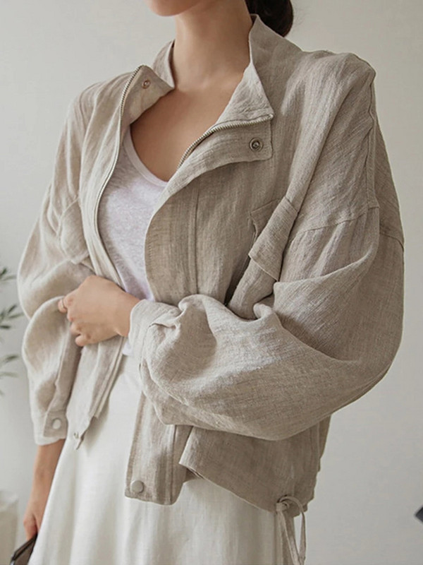 Jachetă elegantă pentru femei de primăvară 2022, haină casual, bumbac și in, îmbrăcăminte exterioară, cu mânecă lungă, cu fermoar, bluză