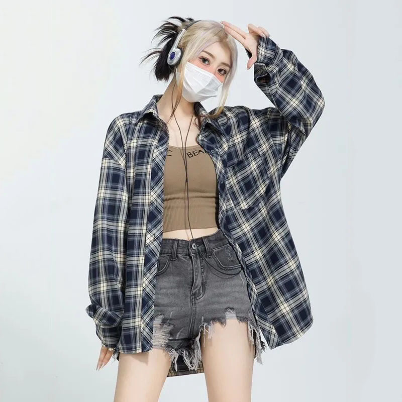 Xpqbb Дамски карирани ризи Мързелив стил Ретро свободна риза с дълъг ръкав Палто Дамска пролет есен Корейска едноредна блуза 2023 г.