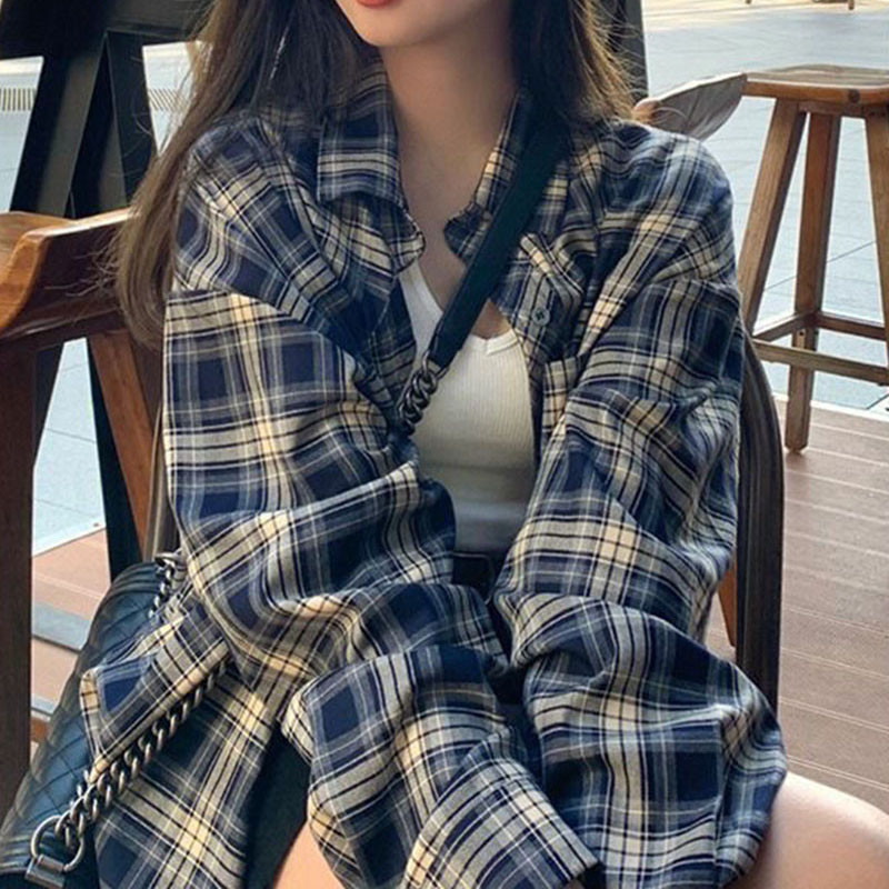 Xpqbb Дамски карирани ризи Мързелив стил Ретро свободна риза с дълъг ръкав Палто Дамска пролет есен Корейска едноредна блуза 2023 г.