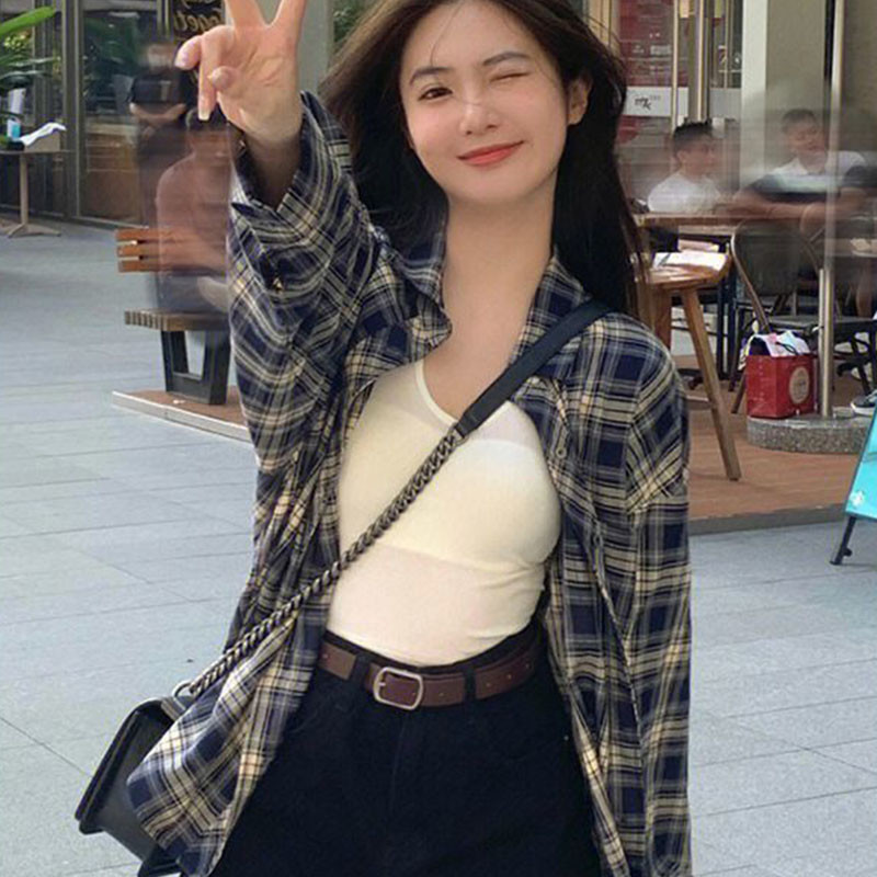 Xpqbb Дамски карирани ризи Мързелив стил Ретро свободна риза с дълъг ръкав Палто Дамска пролет есен Корейска едноредна блуза 2023 г.
