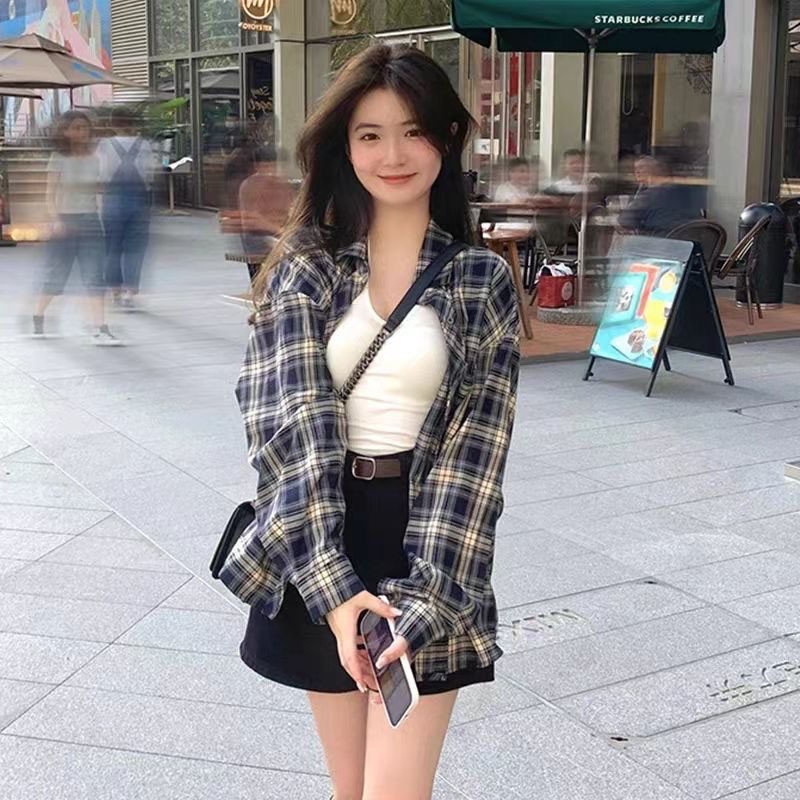 Xpqbb Дамски карирани ризи Мързелив стил Ретро свободна риза с дълъг ръкав Палто Дамска пролет есен Корейска едноредна блуза 2023 г.