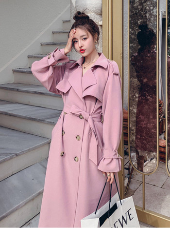 LANMREM Fashion Pink Trench Coat Γυναικεία Διπλό Μακρύ Duster Παλτό με Belt Lady Windbreaker 2023 Ανοιξιάτικα Πανωφόρια 2R3888