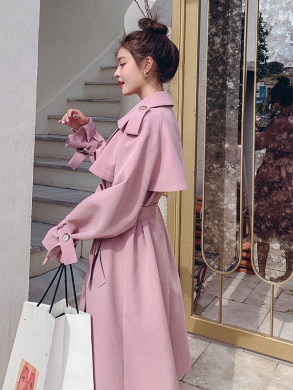 LANMREM Моден розов тренчкот Дамско двуредно дълго палто Duster с колан Дамска ветровка 2023 Пролетно връхно облекло 2R3888