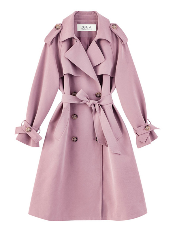 LANMREM Моден розов тренчкот Дамско двуредно дълго палто Duster с колан Дамска ветровка 2023 Пролетно връхно облекло 2R3888
