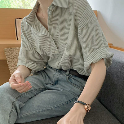 Xpqbb Винтидж прости дамски блузи Летни нови ежедневни ризи с отложна яка на райета Дамска корейска универсална мека широка блуза