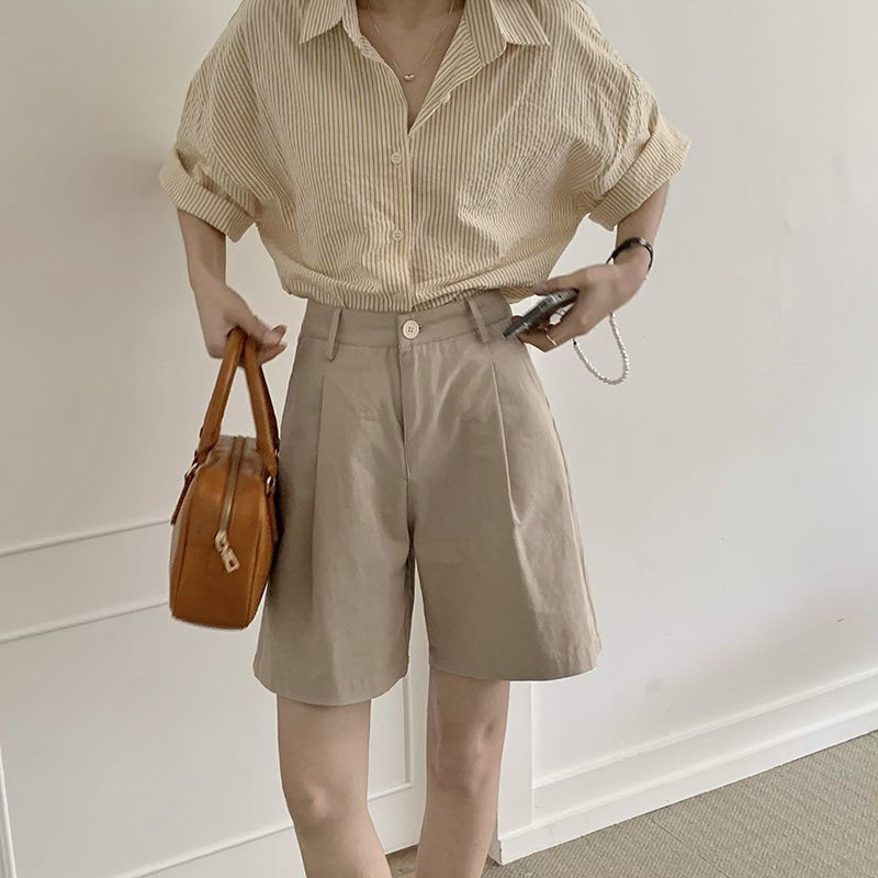 Xpqbb Винтидж прости дамски блузи Летни нови ежедневни ризи с отложна яка на райета Дамска корейска универсална мека широка блуза