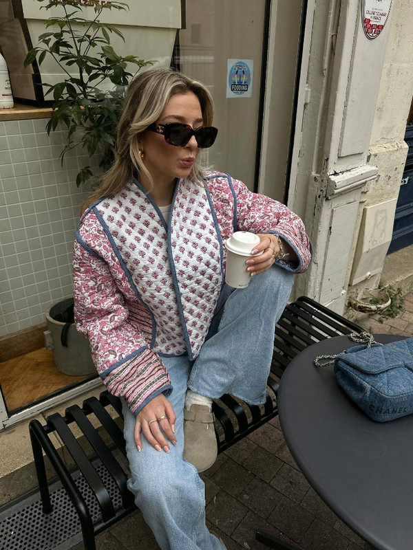 RR2749 Reverzibilne jakne s prošivenim cvjetnim otiskom Ženske otvorene prednje strane Dva u jednom pamučni zimski kaput Ženske plave ružičaste pamučne parke