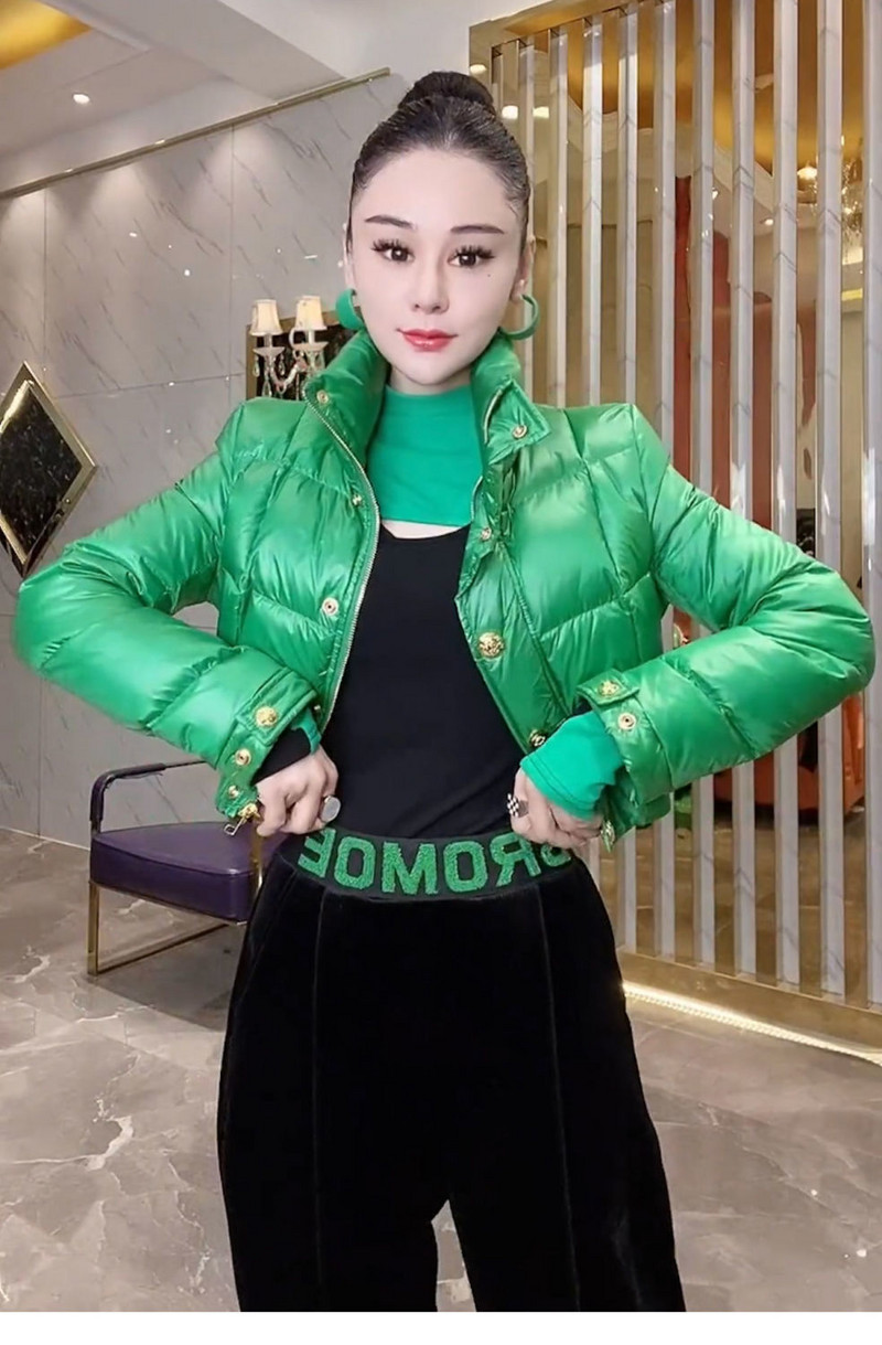 Ново зимно 2023 г. дамско лъскаво подплатено яке с копчета с яка и горна част с късо палто