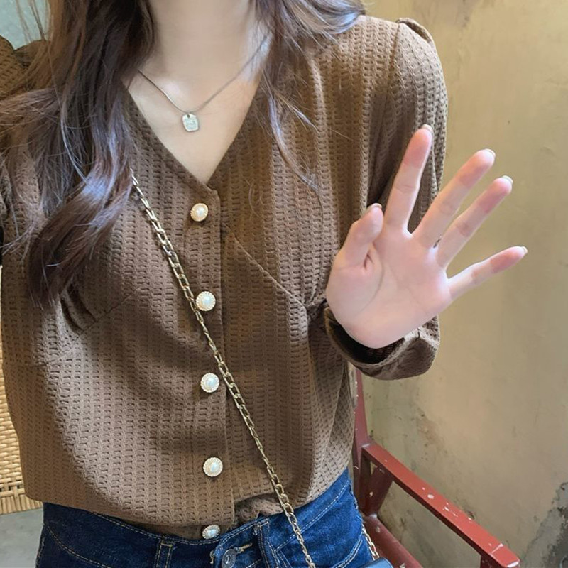 Xpqbb Винтидж ризи с V-образно деколте с дълъг ръкав Дамски есен-зима Нови едноредни ежедневни блузи Корейски шик широка офис риза