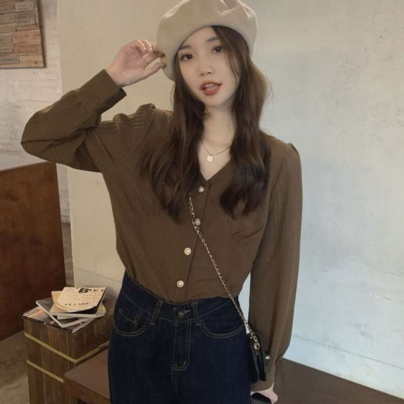 Xpqbb Винтидж ризи с V-образно деколте с дълъг ръкав Дамски есен-зима Нови едноредни ежедневни блузи Корейски шик широка офис риза