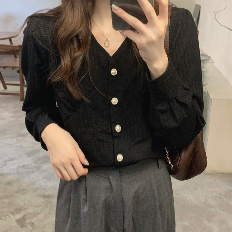 Xpqbb Винтидж ризи с V-образно деколте с дълъг ръкав Дамски есен-зима Нови едноредни ежедневни блузи Корейски шик широка офис риза