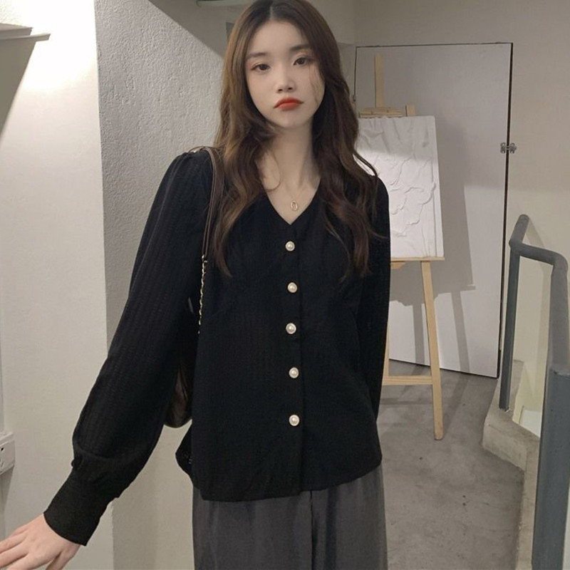 Xpqbb Винтидж ризи с V-образно деколте с дълъг ръкав Дамски есен-зима Нови едноредни ежедневни блузи Корейски шик широка офис риза