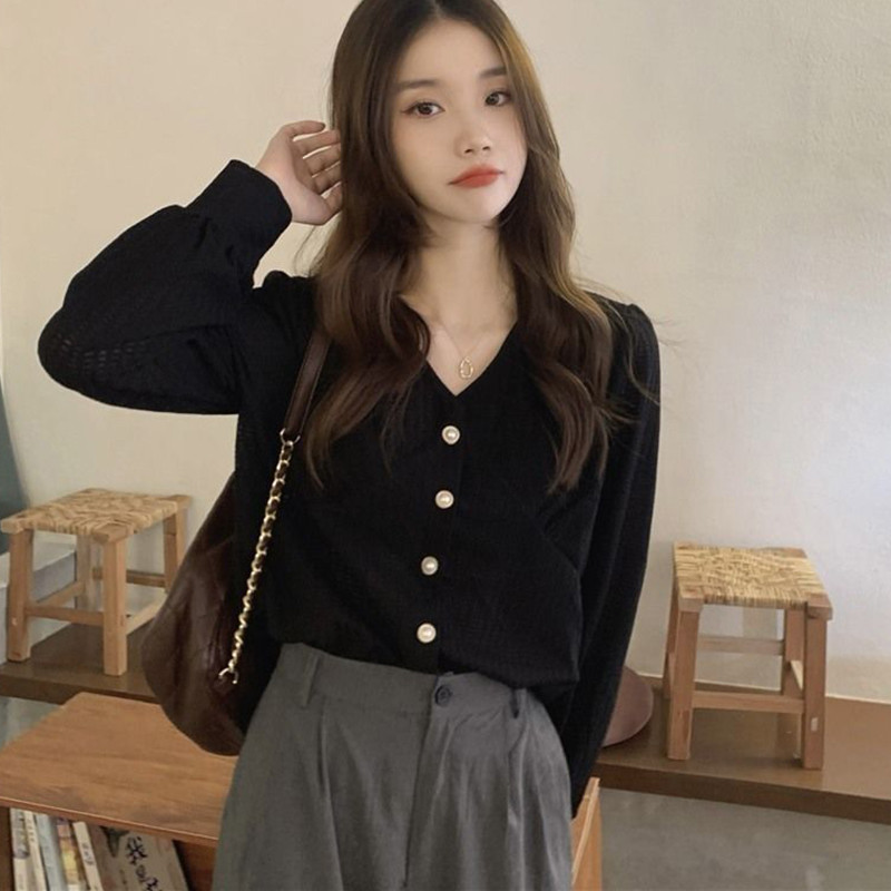 Xpqbb Винтидж ризи с V-образно деколте с дълъг ръкав Дамски есен-зима Нови едноредни ежедневни блузи Корейски шик широка офис риза