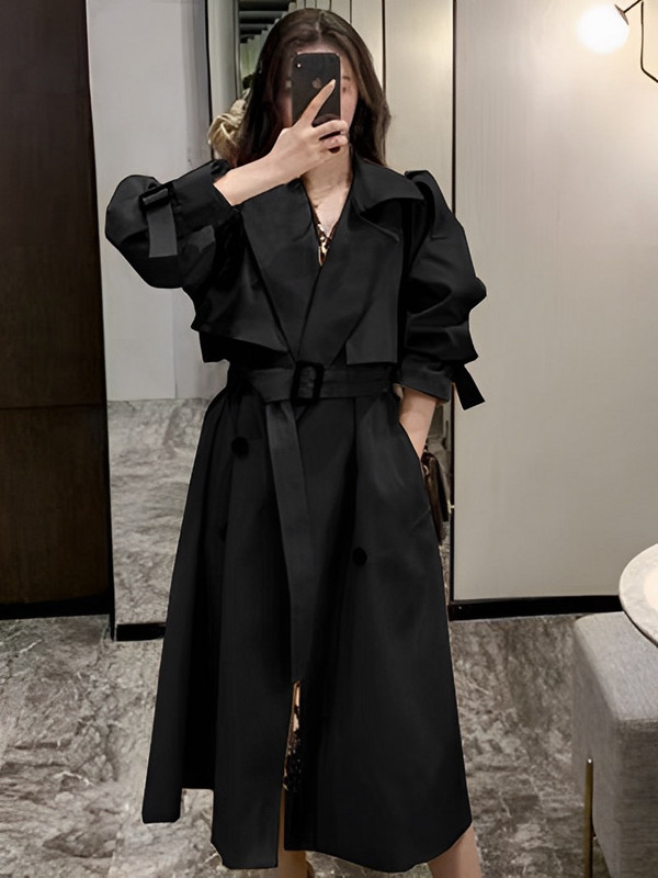 Trenč kaput s dvostrukim kopčanjem s otvorenim ovratnikom i V izrezom Ženska zimska odjeća Ženska s remenom Ležerna uska vjetrovka u korejskom stilu