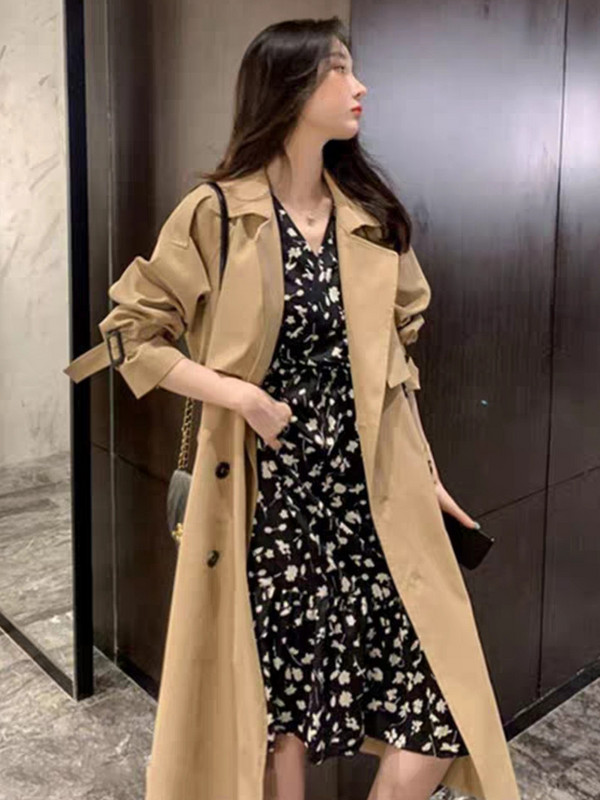Trenč kaput s dvostrukim kopčanjem s otvorenim ovratnikom i V izrezom Ženska zimska odjeća Ženska s remenom Ležerna uska vjetrovka u korejskom stilu