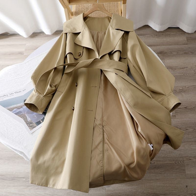 Тренчкот в британски стил Дамско палто за пролет и есен с голям ревер Двуредно палто Корейска ветровка със среден до дълъг колан