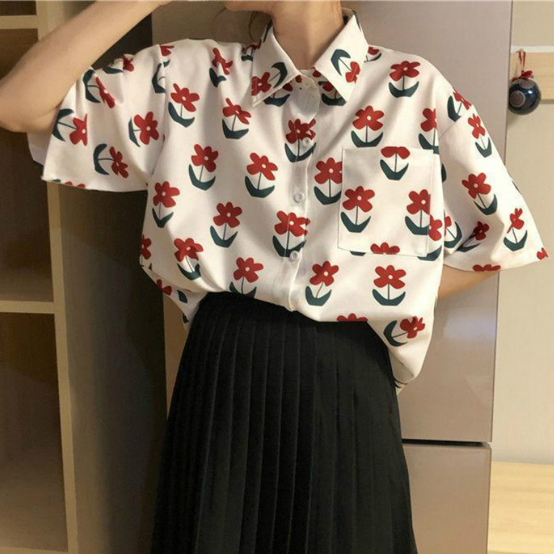 Košulje Žene Trendy Korean Style Chic Nove dame Top Friends Kratkih rukava Ljeto Ins Cvjetni Elegantna ženska bluza Opuštena Harajuku