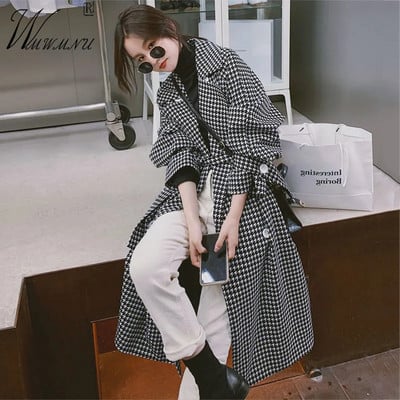 Vintage Houndstooth Trench Jaciņš Sieviešu Streetwear Design Slim jostasvietas jostas vējjaka Oversize 3xl pavasara rudens garā virsjaka