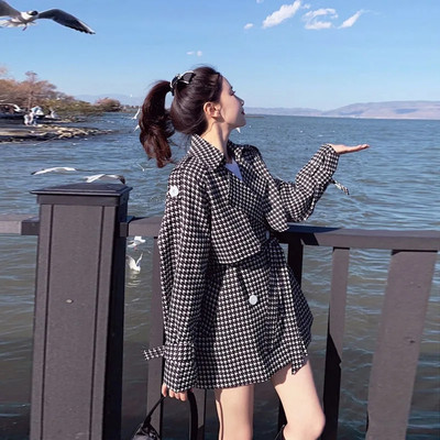 Винтидж тренчкот с хрътка лапа Дамски уличен дизайн с колан за тънка талия Ветровка Oversize 3xl Пролет Есен Дълго палто