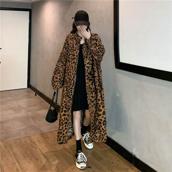 Plus Size 6XL 150kg Γυναικεία καμπαρντίνα Φθινοπωρινό Leopard Casual Γυναικεία μακριά πανωφόρια Φαρδιά καμπαρντίνα Streetwear Pockets Παλτό