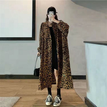 Plus Size 6XL 150kg Γυναικεία καμπαρντίνα Φθινοπωρινό Leopard Casual Γυναικεία μακριά πανωφόρια Φαρδιά καμπαρντίνα Streetwear Pockets Παλτό