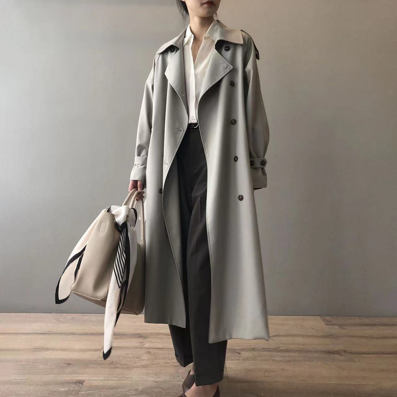 2023 Есенни класически дълги тренчкоти в цвят каки Дамски извънгабаритни корейски модни колани Ветровка Есенно пролетно палто с двуредно гърне